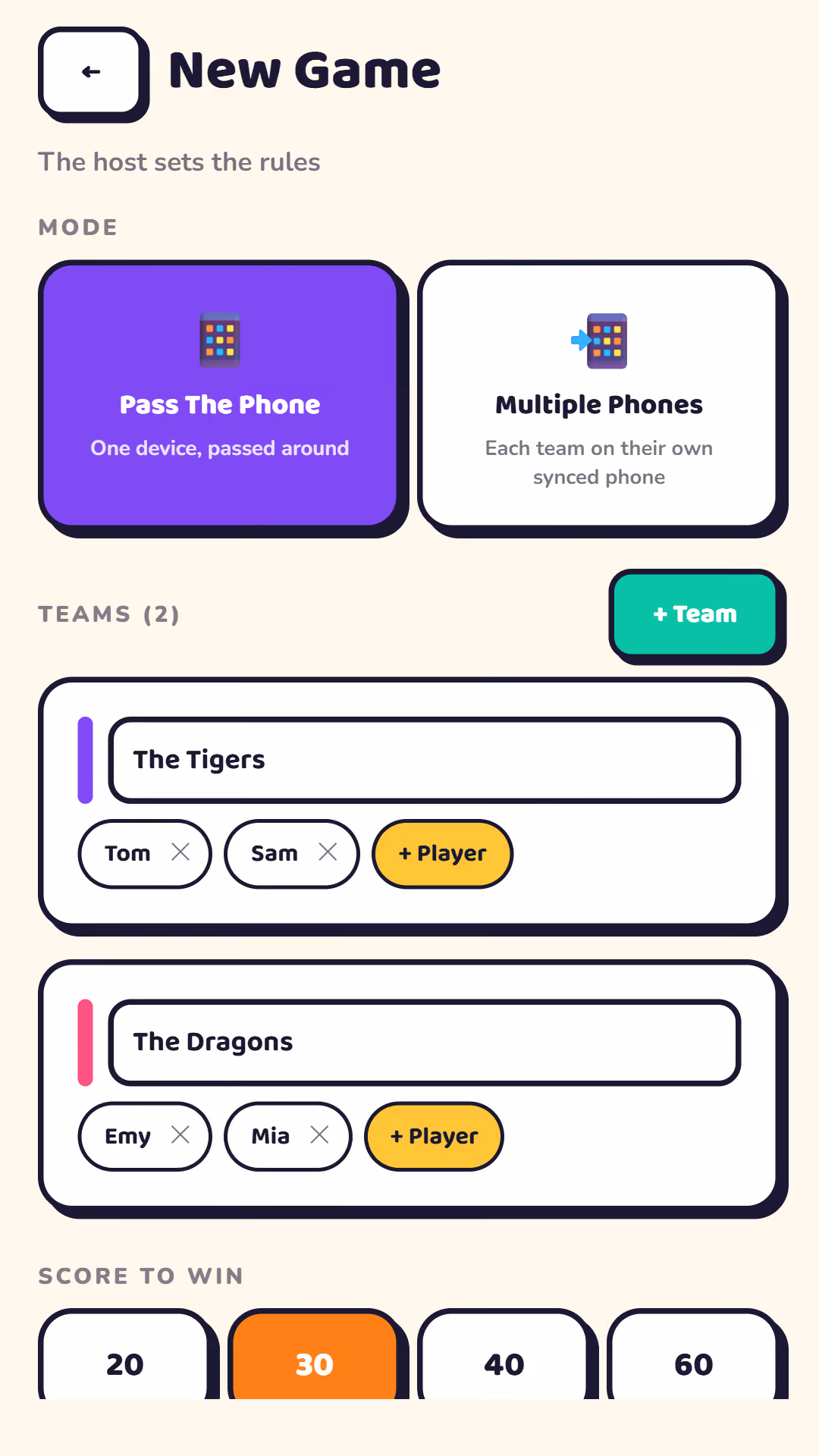 The TRIACTO phone setup screen for teams, target score, timer, language, and word themes
