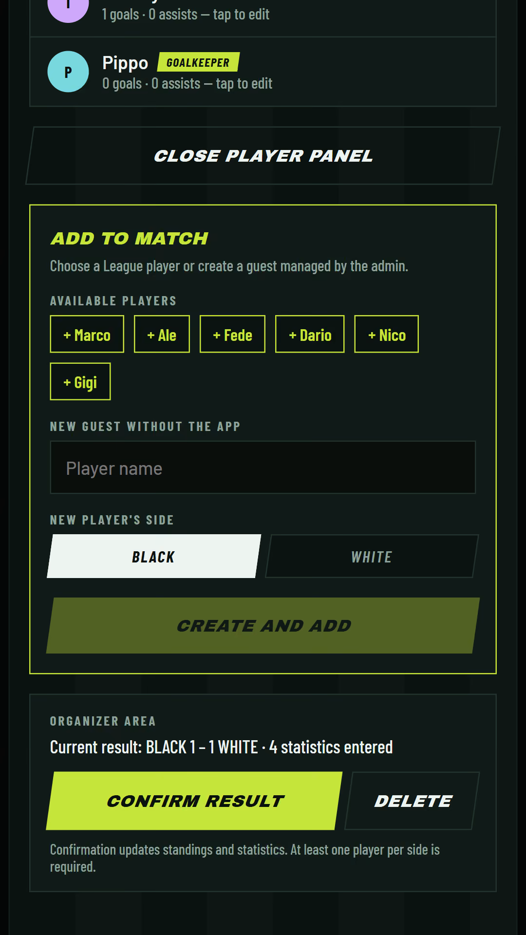 Calcetto example match showing regular players and managed guests