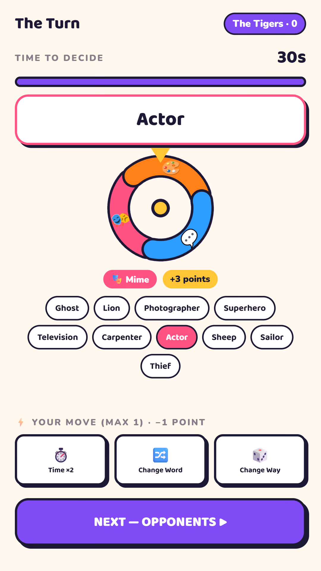A TRIACTO phone turn showing the secret word, wheel result, word choices, timer, tactical moves, and team score