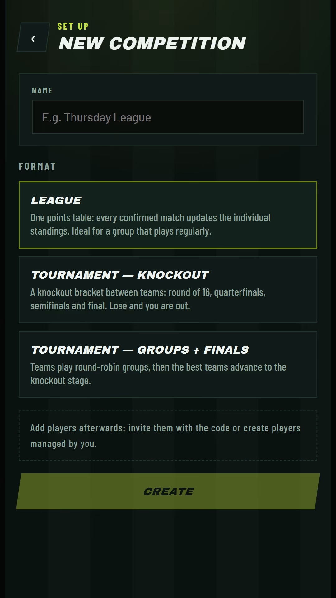 Calcetto competition creation screen offering three competition formats