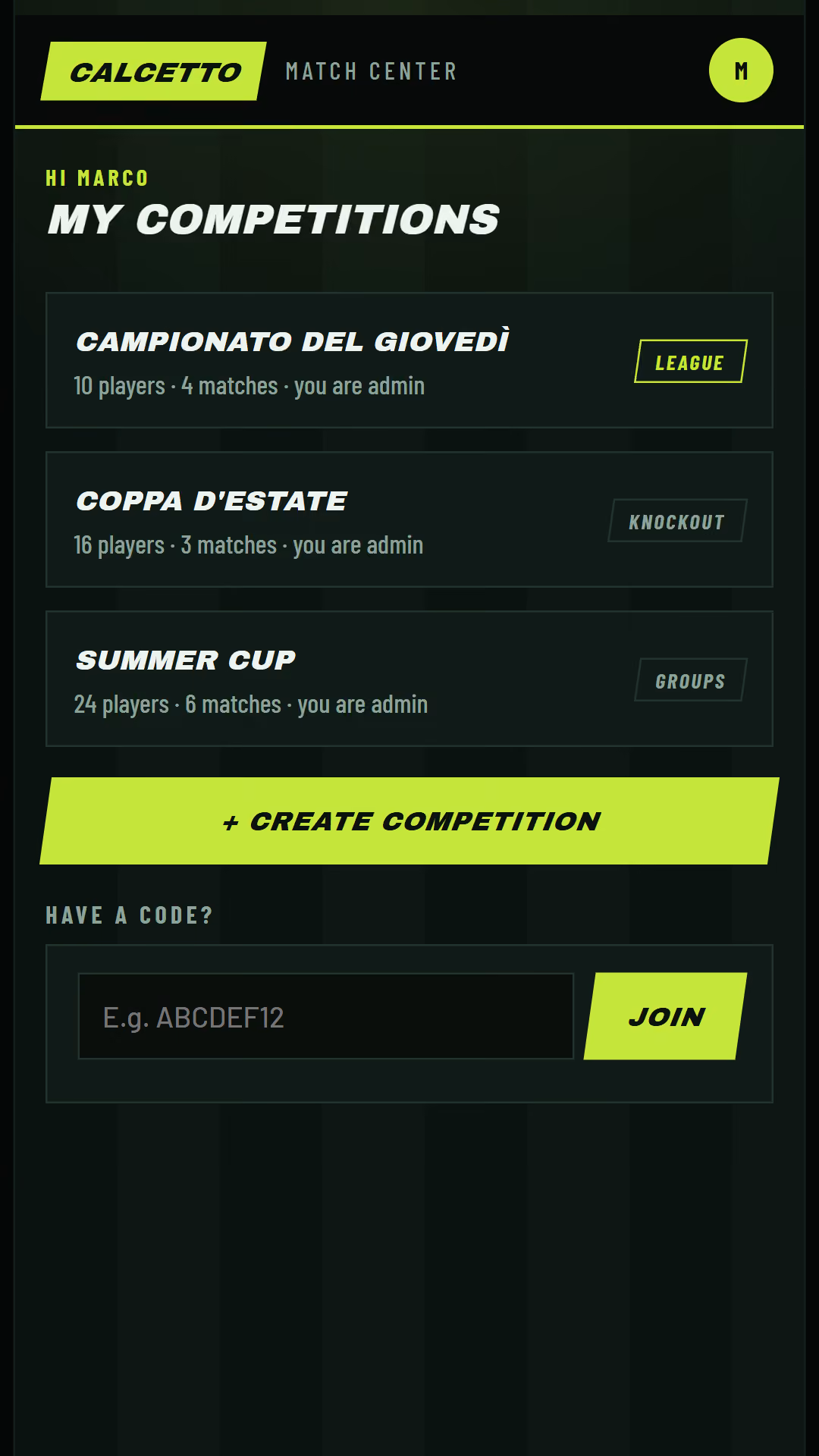 Calcetto home screen listing example leagues and cups