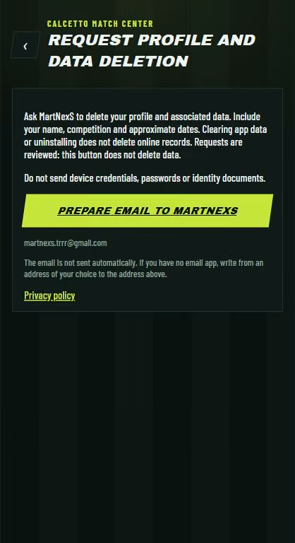 Calcetto profile deletion screen explaining the email request and local data limits