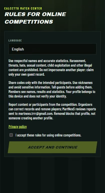 Calcetto online competition rules with an unchecked acceptance box